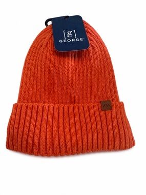 George Orange Fold-Over Ribbed Knit Beanie